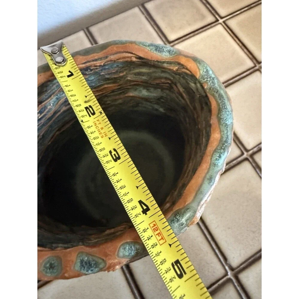 Signed JM Studio Art Pottery Vase Texture Bark Turquoise Brown Sculptural Vessel